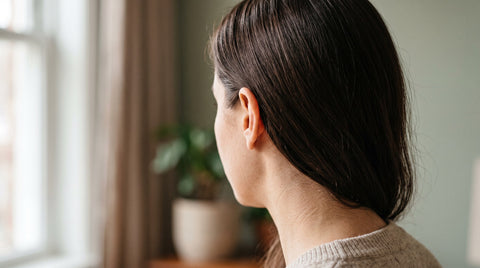 Close-up of dark brown hair tucked behind the ear in soft window light